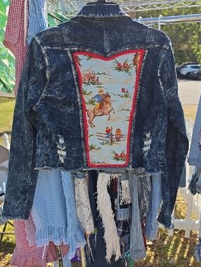 VIP Upcycled  Distressed Dark Blue Jean Jacket with Vintage Western Patch